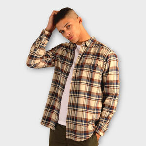 DICKIES Flex Long Sleeve Beige Plaid Flannel Button Up Shirt XL